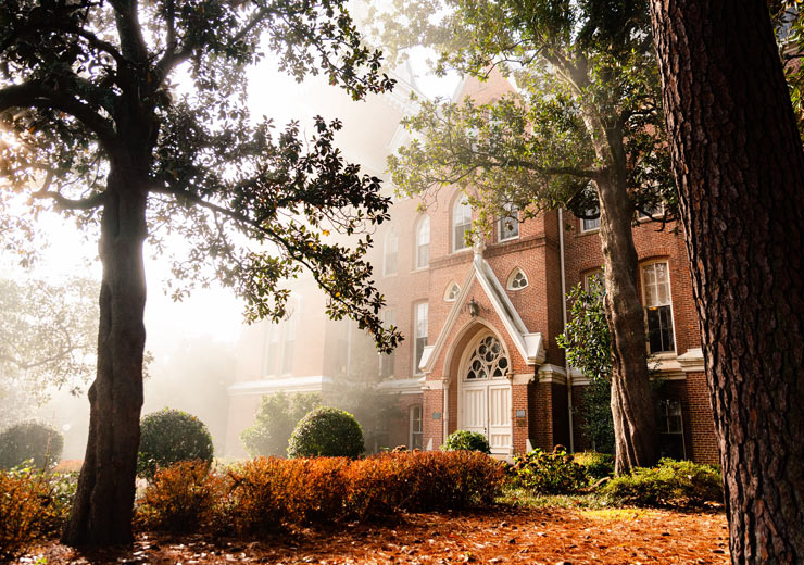 Mercer's Macon campus on a foggy morning